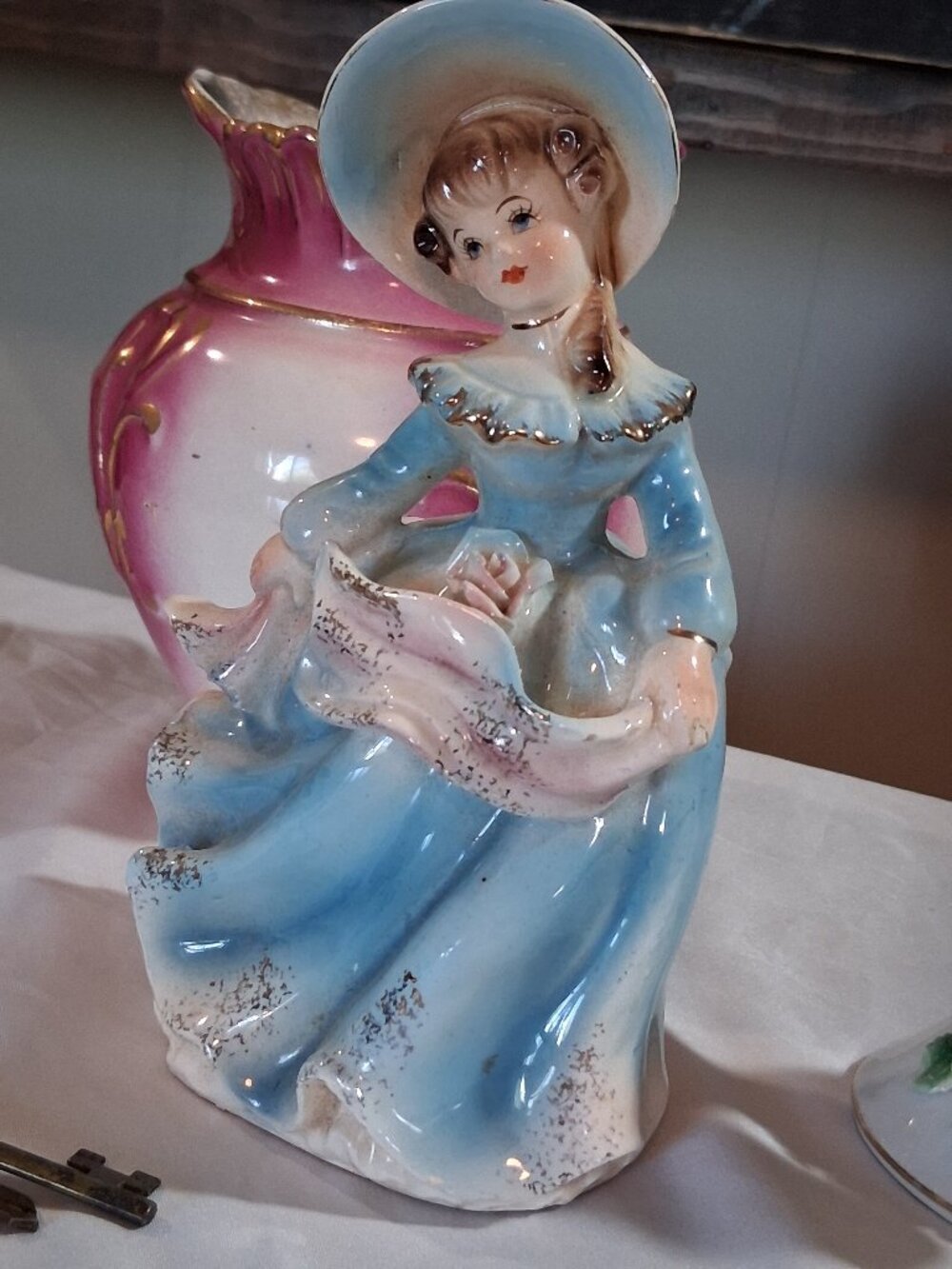 VTG Belle Epoque Grandmillennial Porcelain Figurine in Victorian Blue Dress